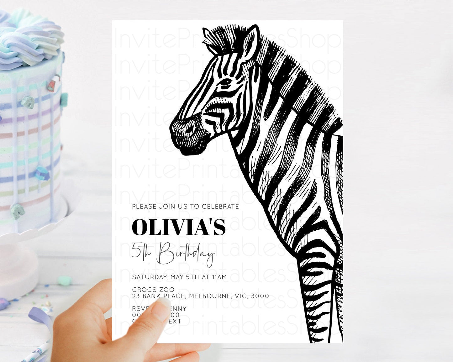 Zebra Birthday Invitation Zebra Invite Jungle Safari invite Watercolor Tropical Palm Invite Adventure Zoo Party Wild Animal Party D10249