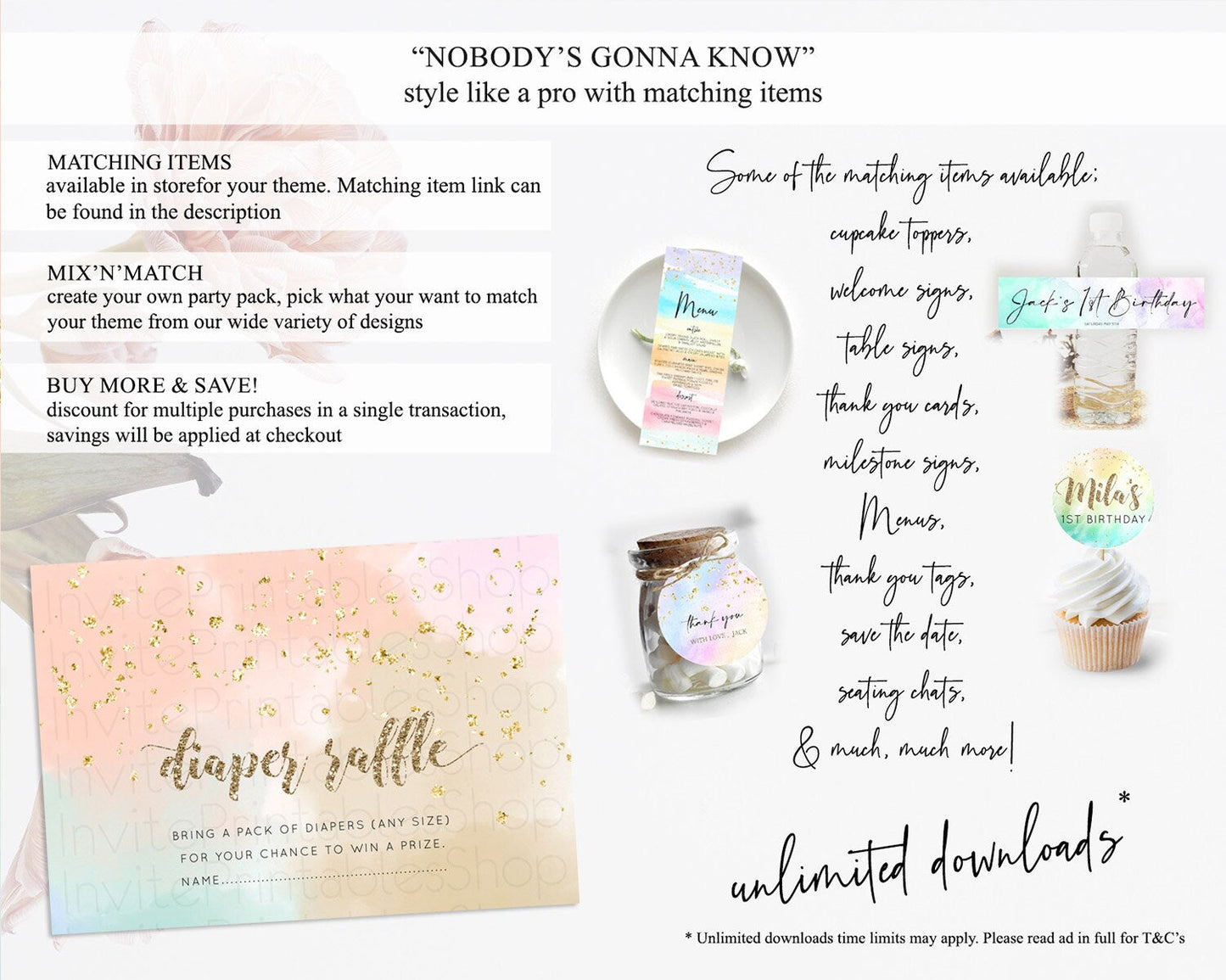 Pastel Diaper Raffle Card Pastel Rainbow Diaper Raffle Insert Colorful Ombre Watercolor Diaper Ticket Confetti Glitter Raffle Game D10377