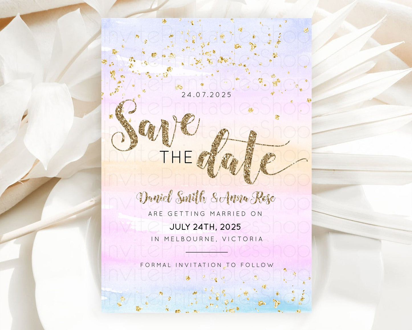 Pastel Save The Date Template Pastel Ombre Rainbow Watercolor Colorful Party For Birthday Baptism Baby Shower Wedding Bridal Shower D10595