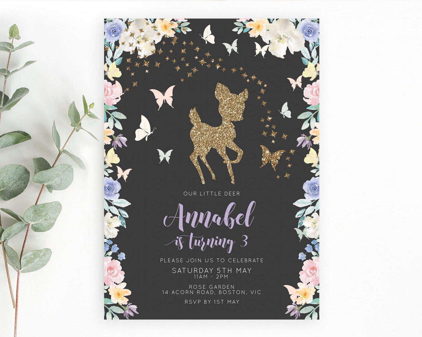 Fawn Birthday Invitation Deer Birthday Invitation Enchanted Forest Party Butterfly Pastel Flowers Whimsical 2nd 1st First Birthday D10880