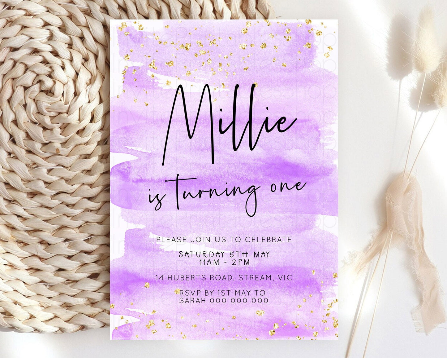 Purple Birthday Invitation Purple Watercolor Invite Pastel Purple Watercolor Invitation Purple Splash Gold Invitation First Birthday D23049