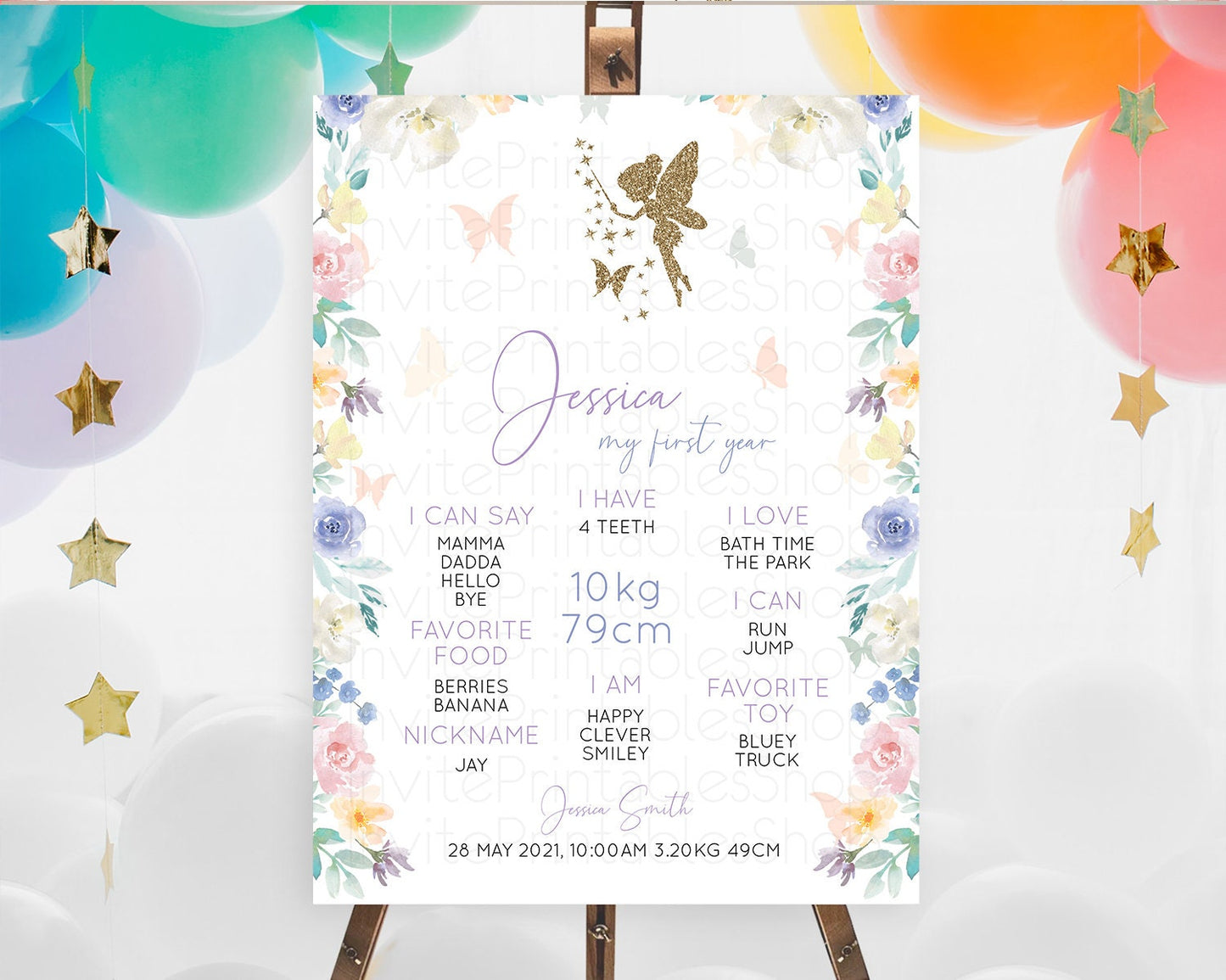 Fairy First Birthday Milestone Poster Fairy Secret Garden Milestone Board Enchanted Garden Pastel Floral Butterfly 1st Birthday Sign D10761