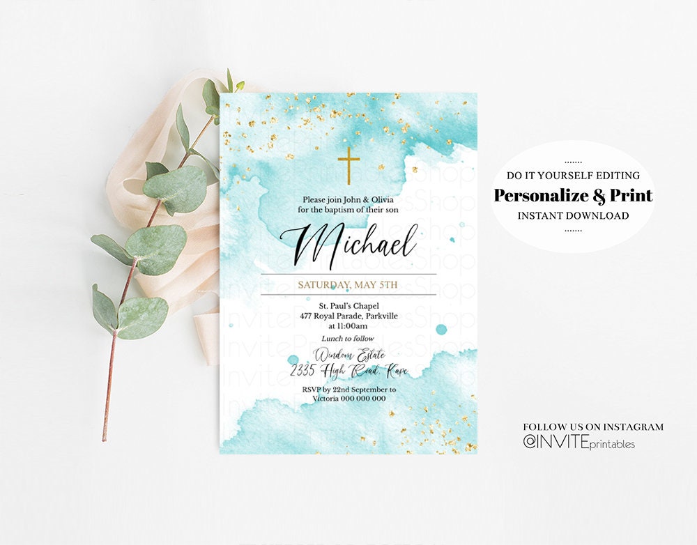 Blue Gold Watercolor Baptism Invitation Pastel Splash Christening Invitation Glitter Sprinkles Invite Cross Holy Communion