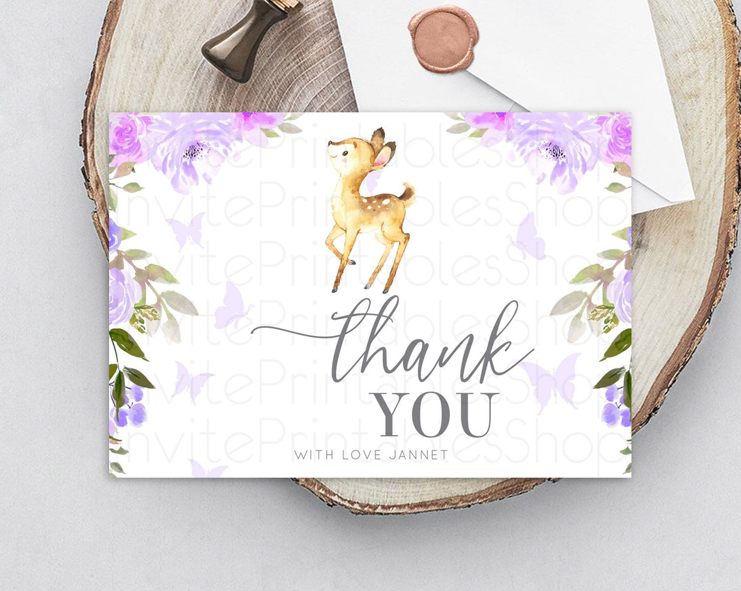 Fawn Thank You Deer Thank You Card Pastel Floral Deer Birthday Thank You Card Enchanted Forest Butterfly Deer Teacher Thank You Card D10916