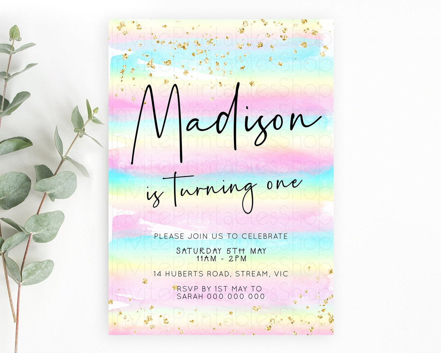 Pastel Birthday Invitation Ombre Watercolor Birthday Invitation Glitter Rainbow Color Splash 1st 2nd 3rd Birthday Invitation D23034