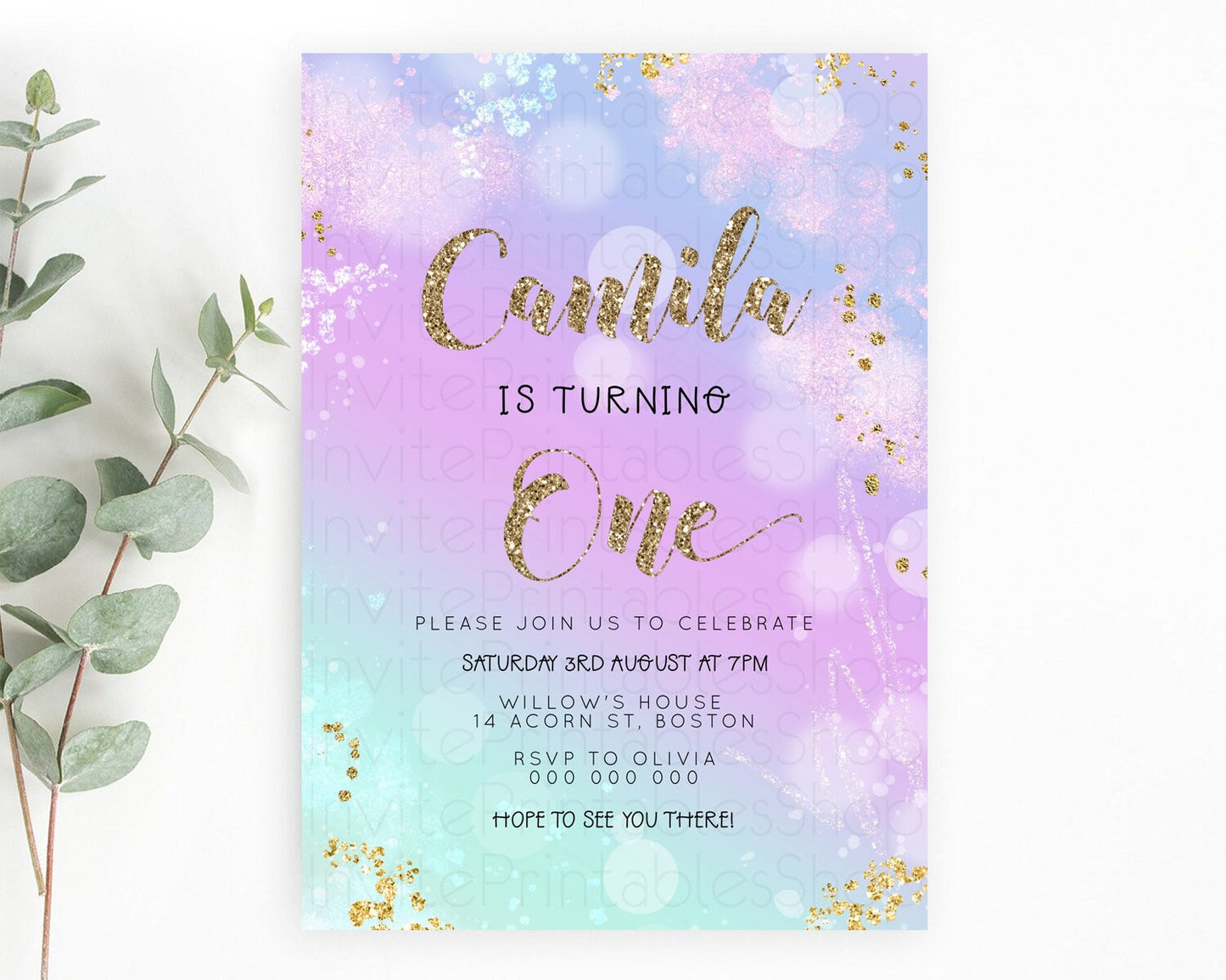 Rainbow Birthday Invitation Colorful Pastel Watercolor Invitation Gold Glitter Sprinkles Ombre Pastel 1st 2nd 3rd Birthday D23127