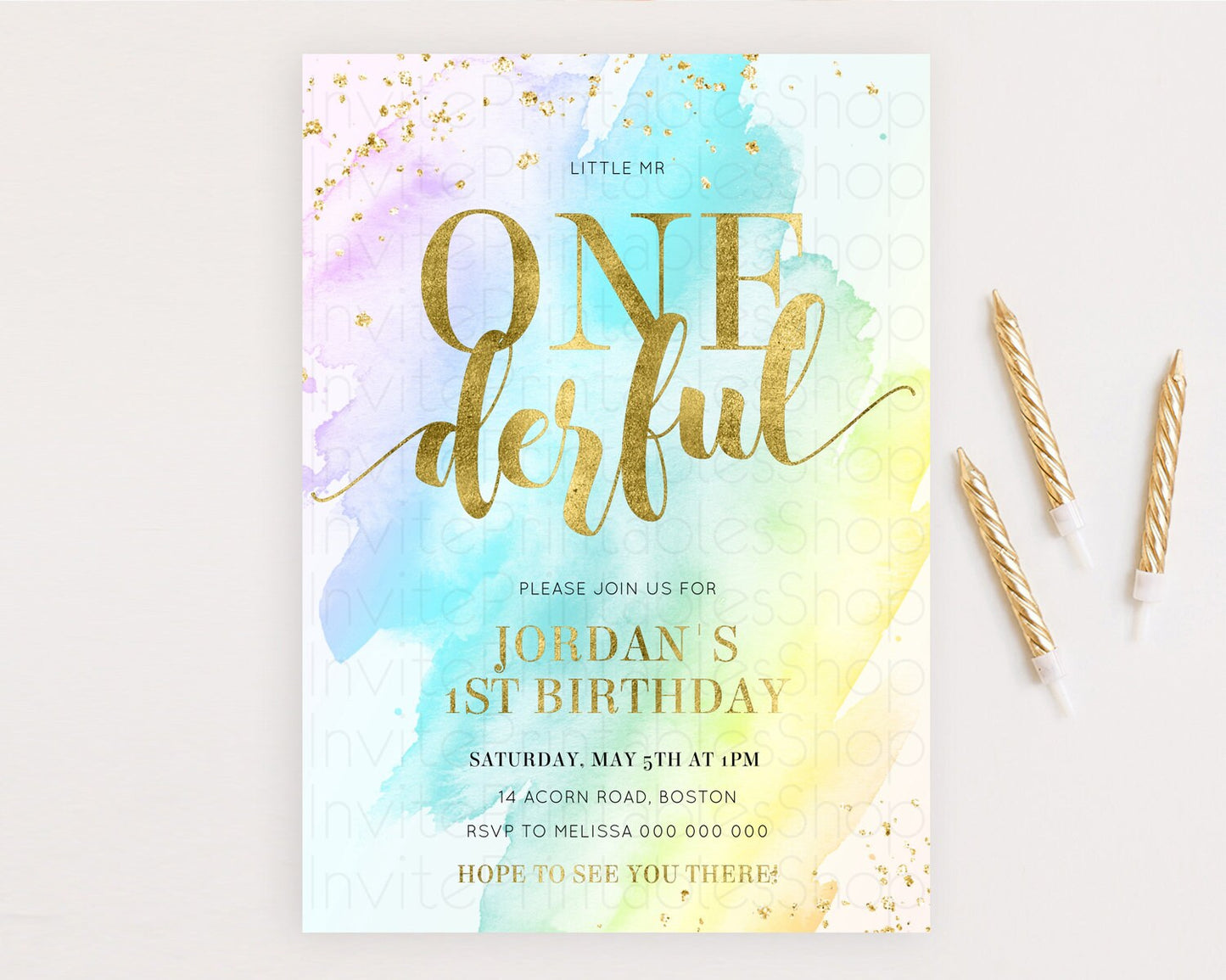 ONEderful Rainbow Birthday Invitation Colorful Pastel Watercolor Invitation Gold Glitter Sprinkles Ombre Pastel 1st Birthday D11026