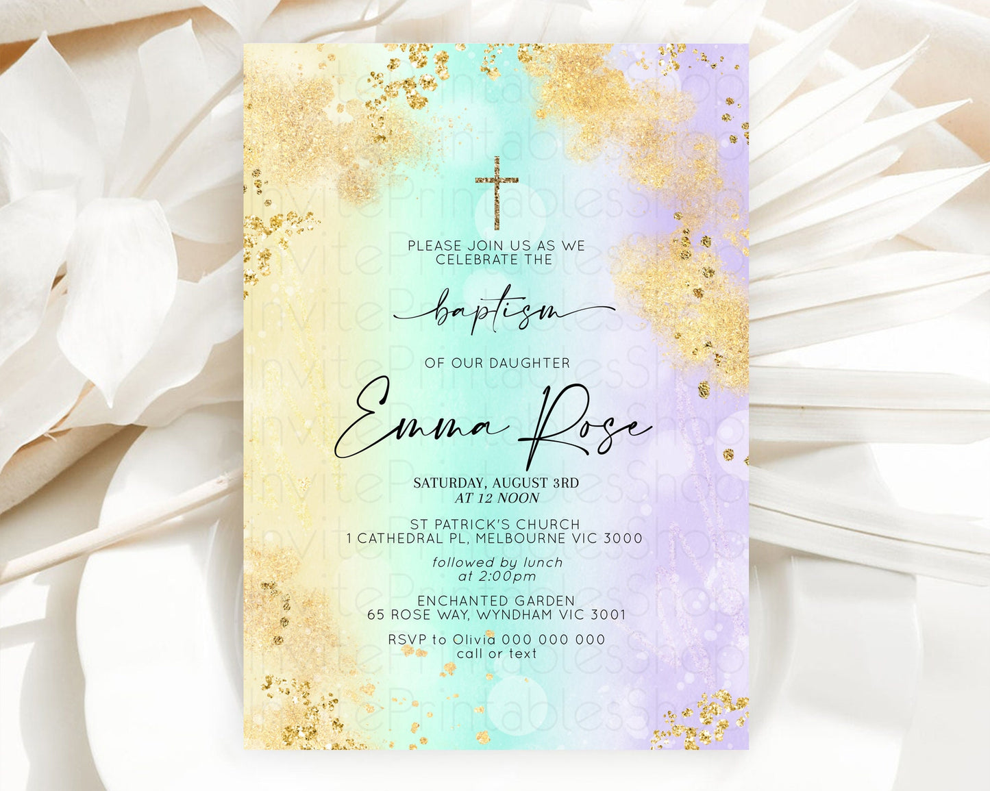 Pastel Baptism Invitation Pastel Colors Watercolor Baptism 1st Birthday Party Gold Ombre Pastel Rainbow Christening Holy Communion D10672