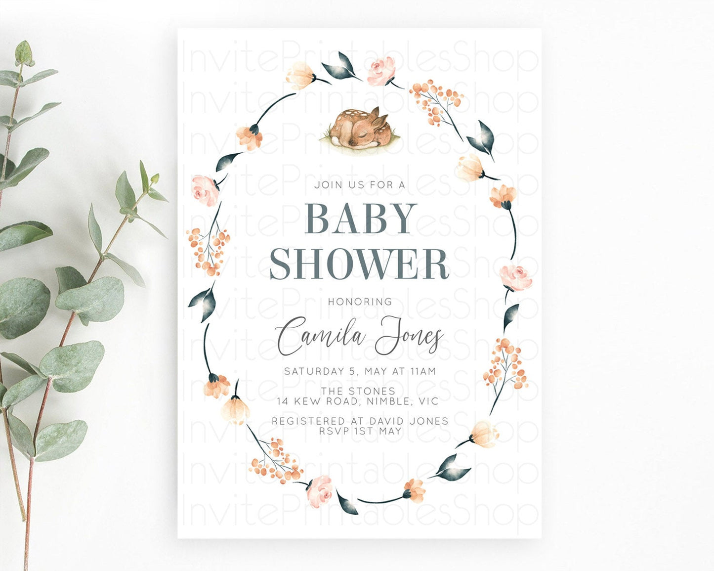 Fawn Baby Shower Invitation, Enchanted Forest, Whimsical Deer, Woodland, Pastel Flowers, Floral Crown, Organic Orange Pink Green Tone D10790