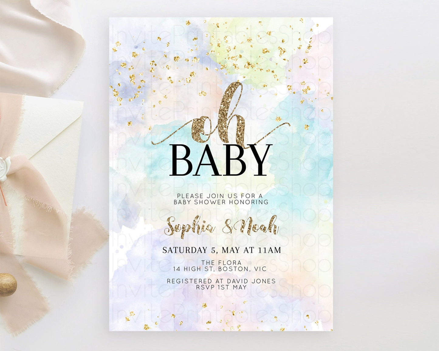 Pastel Baby Shower Invitation Rainbow Baby Shower Invitation Colorful Pastel Watercolor Invitation Gold Glitter Sprinkles Ombre D10614