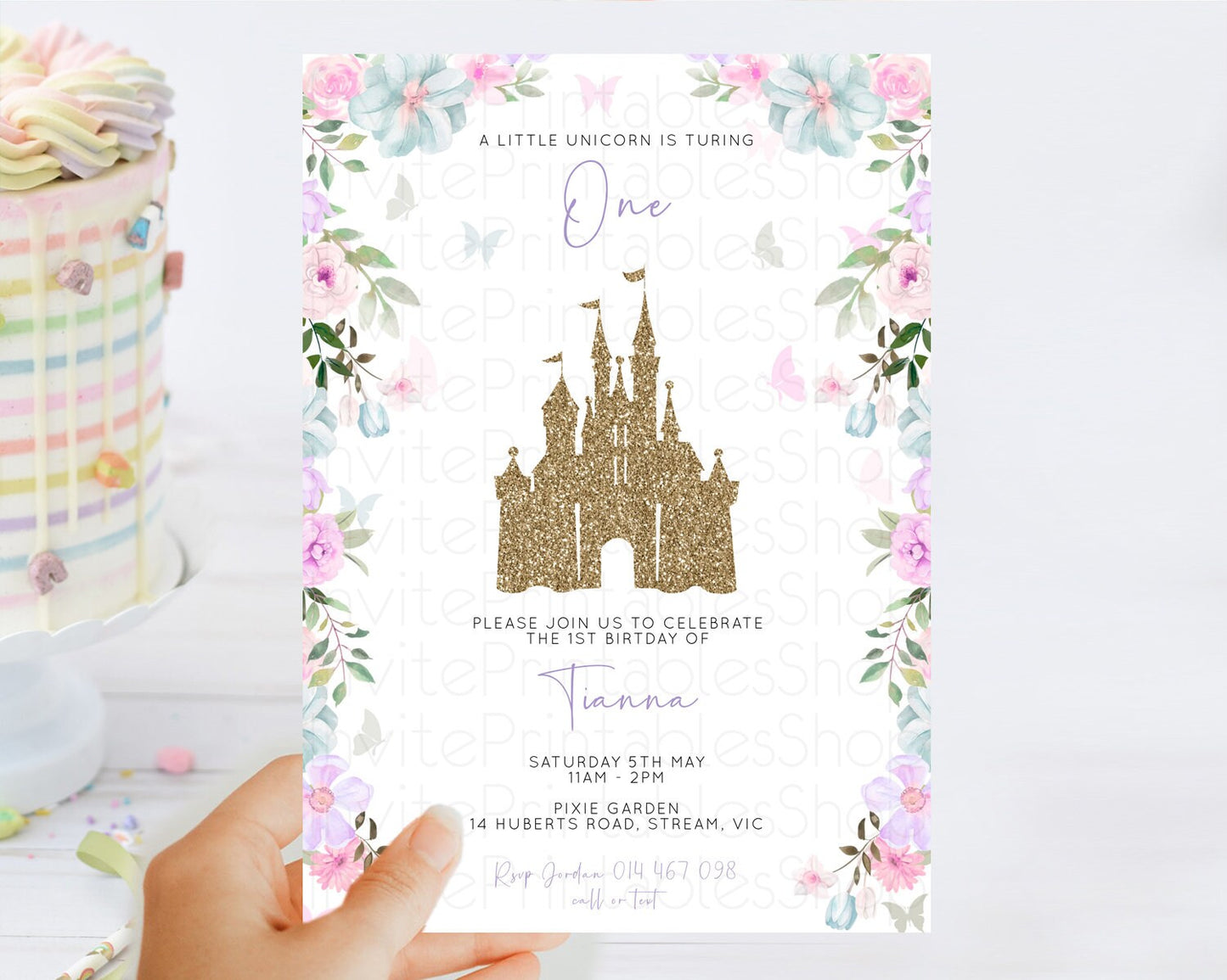 Princess Birthday Invitation Castle Invitation Royal Birthday Fairy Tale Enchanted Castle Pastel Floral Garden 1st First Birthday D10470