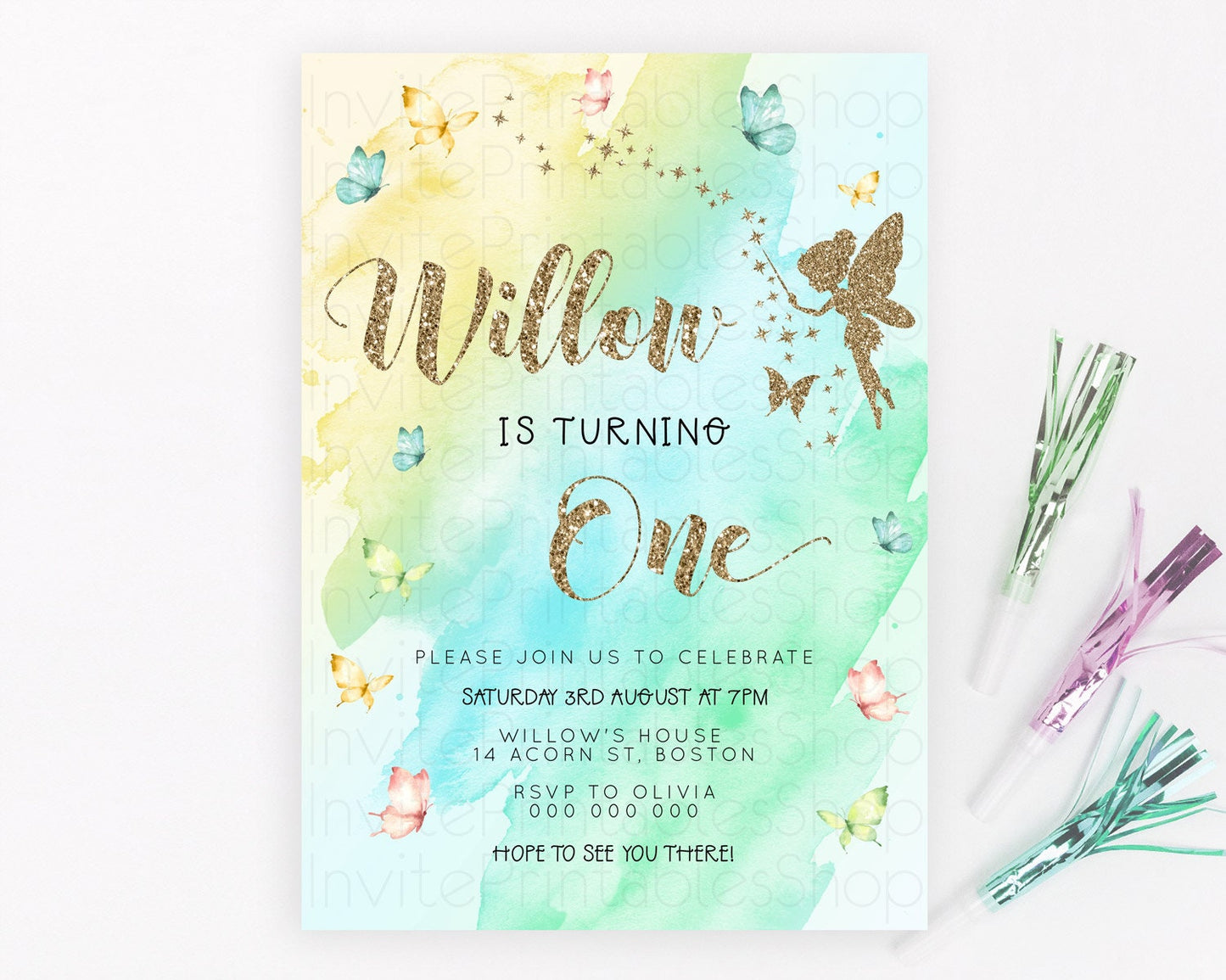 Pastel Fairy Birthday Invitation Pastel Butterflies Fairy Birthday Invitation Rainbow Ombre Watercolor 1st 2nd Birthday Invitation D23336