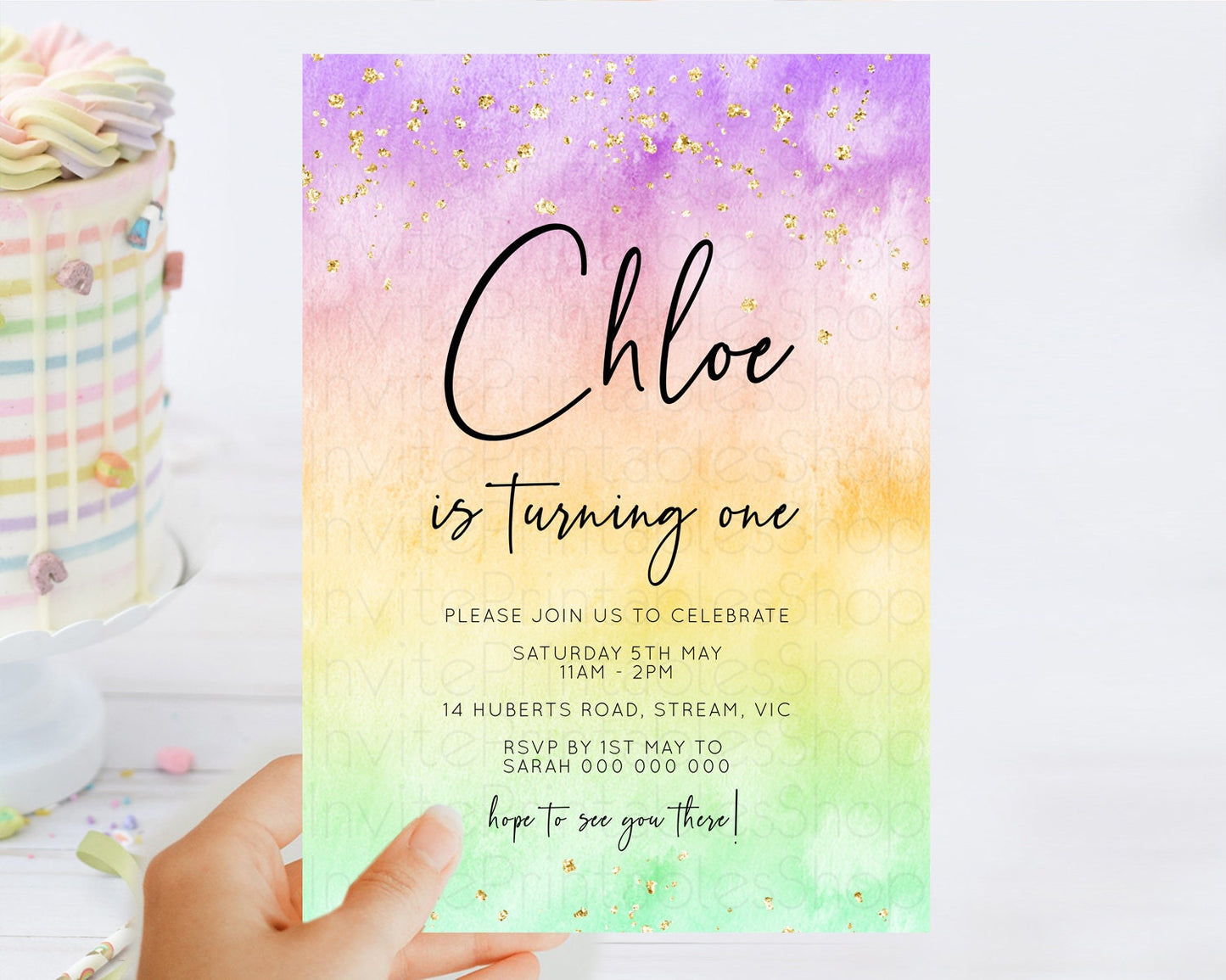 Rainbow Birthday Invitation Colorful Pastel Watercolor Invitation Gold Glitter Sprinkles Ombre Pastel 1st 2nd 3rd Birthday D10514