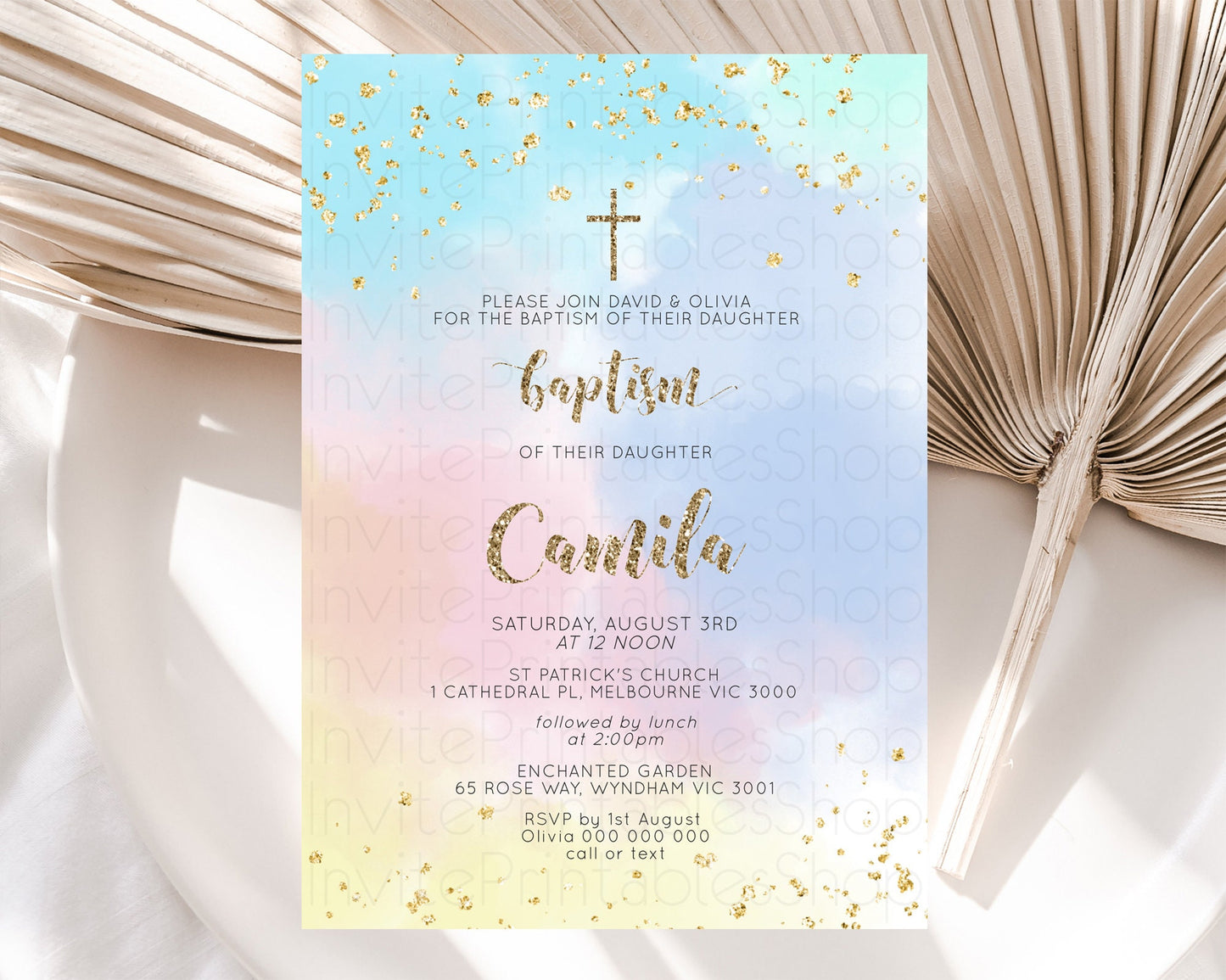 Pastel Baptism Invitation Pastel Colors Watercolor Baptism 1st Birthday Party Gold Ombre Pastel Rainbow Christening Holy Communion D10367