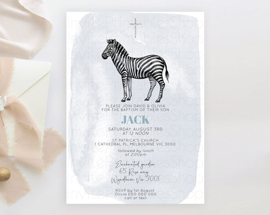 Zebra Baptism Invitation Zebra Baptism 1st Birthday Invitation Jungle Safari Christening Invite Watercolor Tropical Zoo Adventure D10814