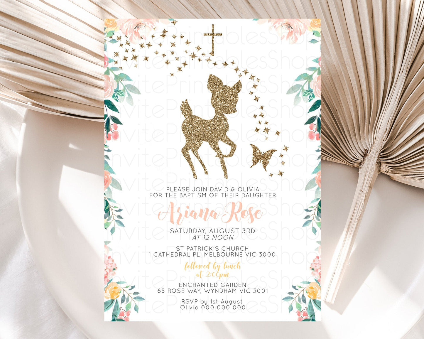 Fawn Baptism Invitation Deer Baptism 1st Birthday Invitation Enchanted Forest Christening Invitation Pastel Garden Butterfly Floral D10874