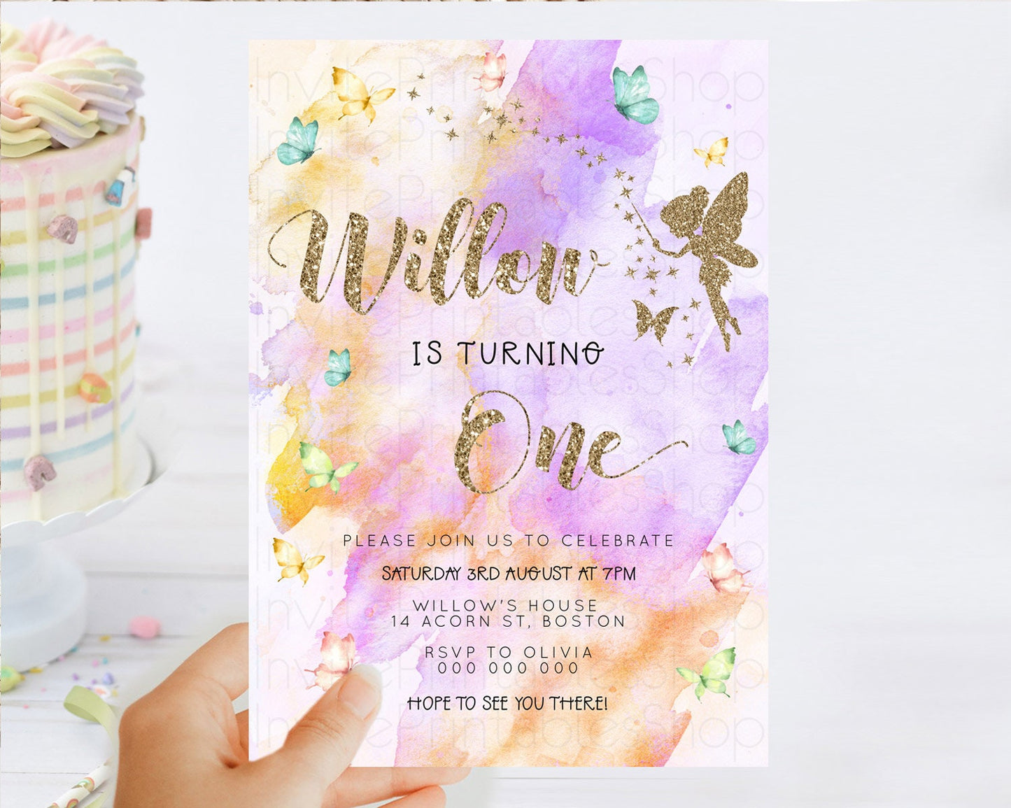 Pastel Fairy Birthday Invitation Pastel Butterflies Fairy Birthday Invitation Rainbow Ombre Watercolor 1st 2nd Birthday Invitation D23347