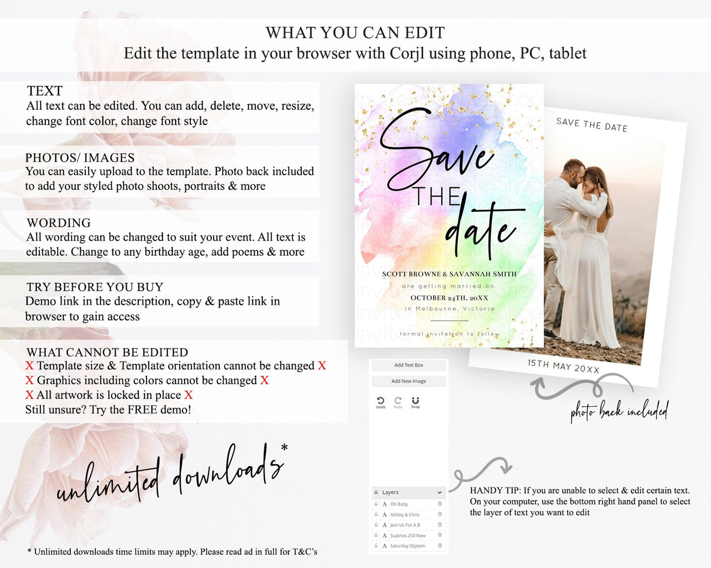 Pastel Save The Date Template Pastel Ombre Rainbow Watercolor Colorful Party For Birthday Baptism Baby Shower Wedding Bridal Shower D10316