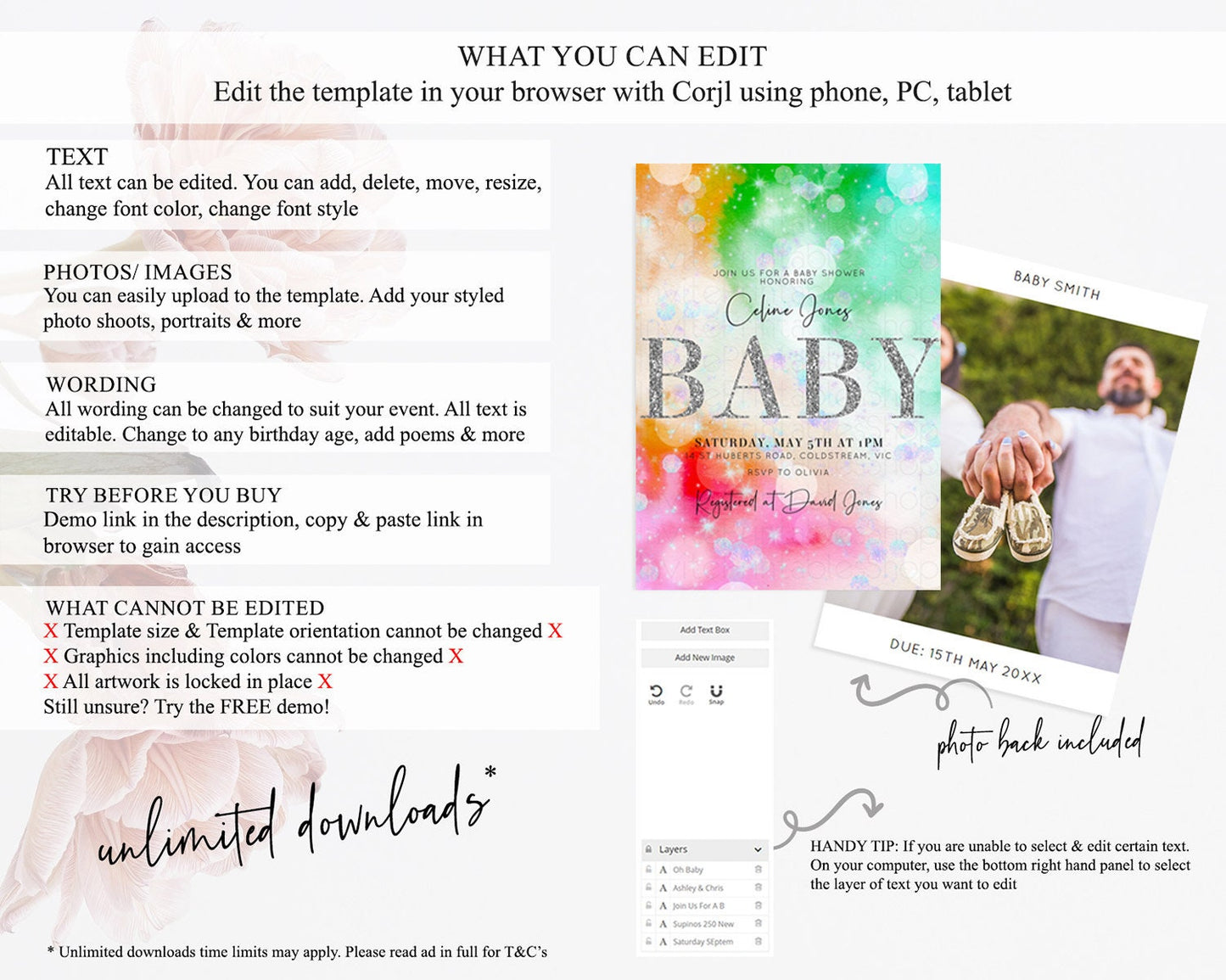 Colorful Baby Shower Invitation: Pastel Watercolor, Ombre Rainbow, Green, Orange, Blue, Red Pink, Silver Glitter, Iridescent Confetti D10691