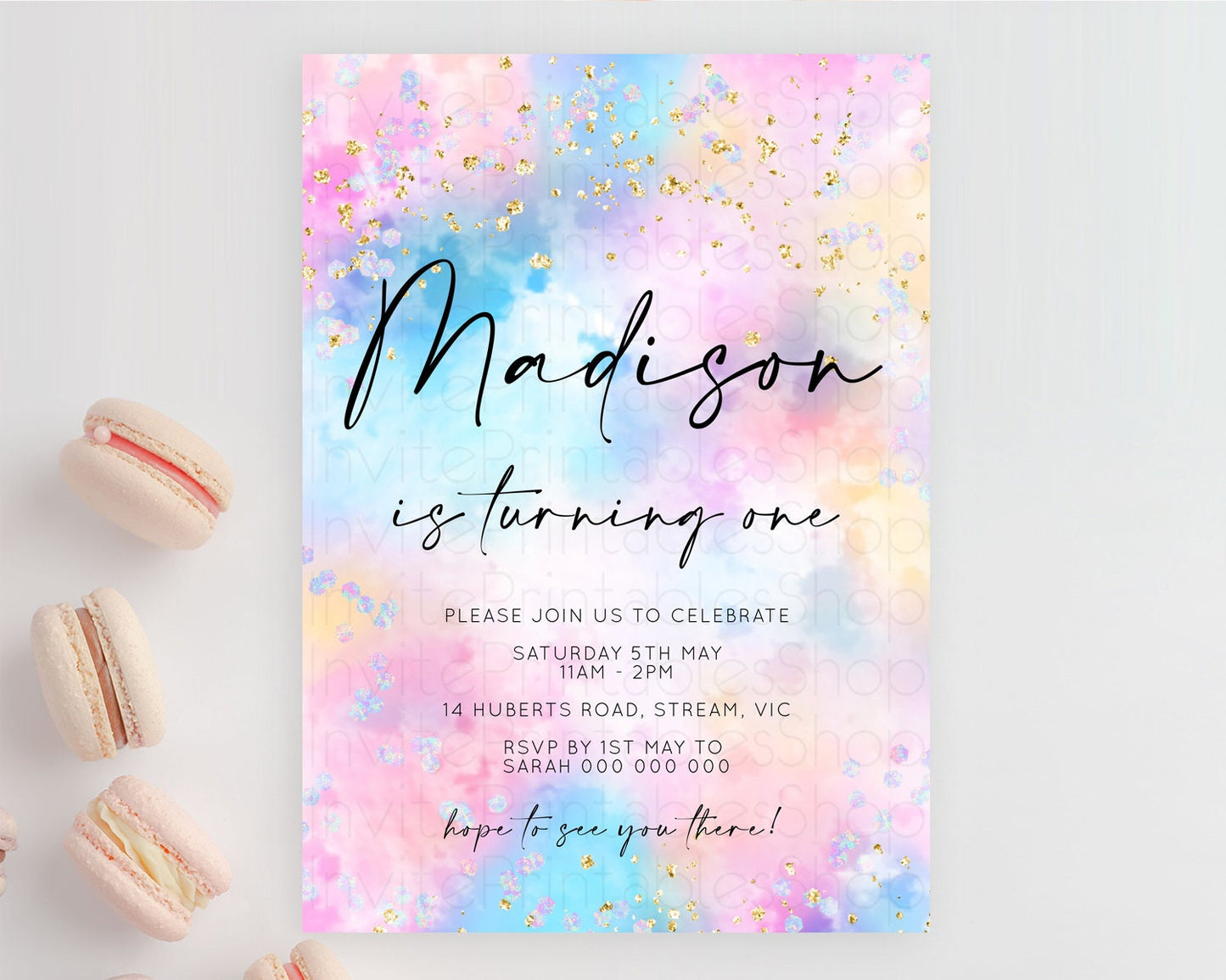 Rainbow Birthday Invitation Colorful Pastel Watercolor Invitation Gold Glitter Sprinkles Ombre Pastel 1st 2nd 3rd Birthday D10607