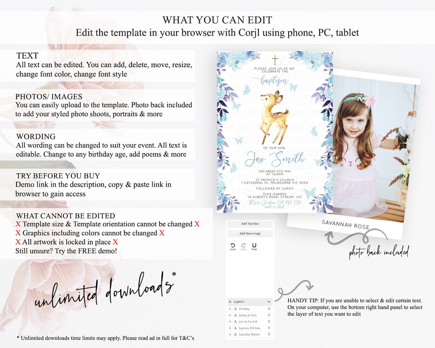 Fawn Baptism Invitation Deer Baptism 1st Birthday Invitation Enchanted Forest Christening Invitation Pastel Garden Butterfly Floral D10917