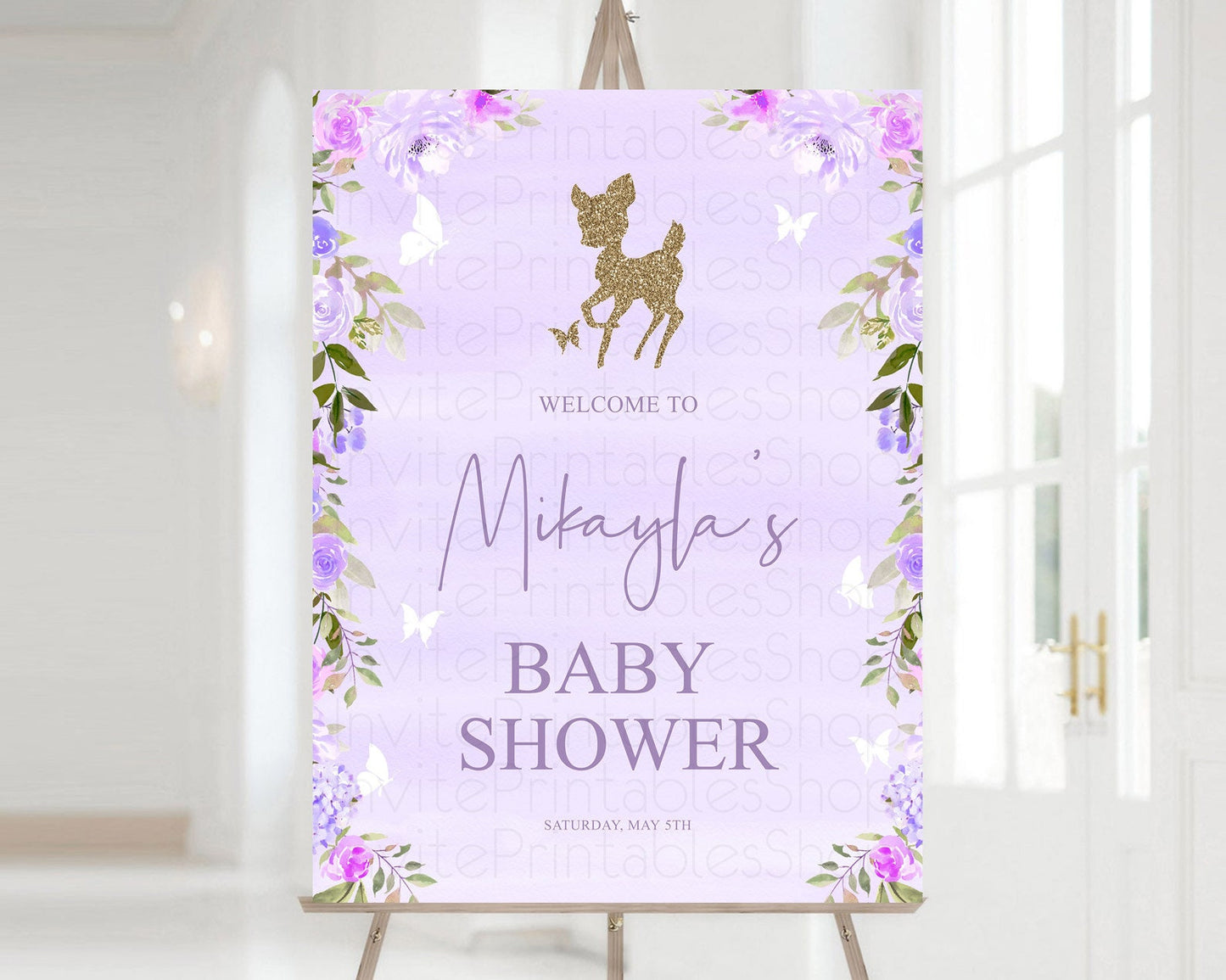 Fawn Baby Shower Welcome Sign Deer Welcome Board Floral Deer Welcome Poster Enchanted Forest Butterfly Pastel Floral Welcome Sign D10963