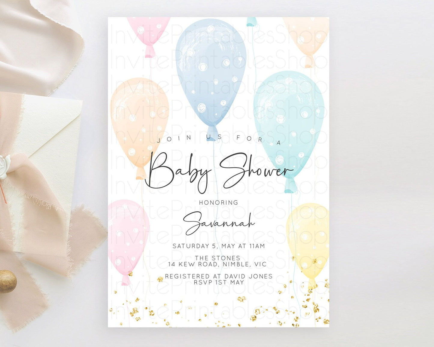 Pastel Rainbow Balloon Baby Shower Invitation, Balloon Invitation, Gender Reveal in Pink, Blue, Yellow, Orange with Gold Sprinkles D10776