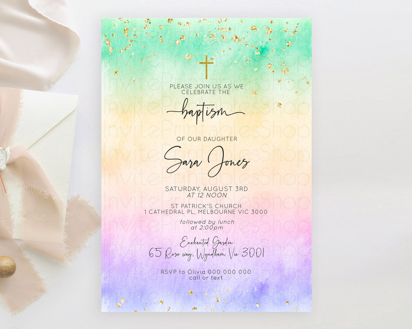 Pastel Baptism Invitation Pastel Colors Watercolor Baptism 1st Birthday Party Gold Ombre Pastel Rainbow Christening Holy Communion D10485