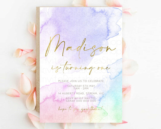 Rainbow Birthday Invitation Colorful Pastel Watercolor Invitation Gold Glitter Sprinkles Ombre Pastel 1st 2nd 3rd Birthday D10215