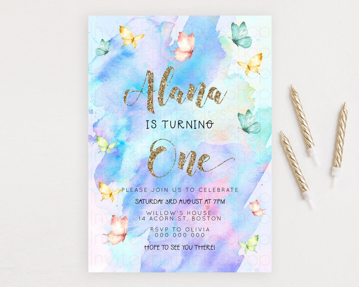 Pastel Butterfly Birthday Invitation Butterfly Birthday Invitation Colorful Splash Glitter Butterfly Garden 1st 2nd Birthday D23245