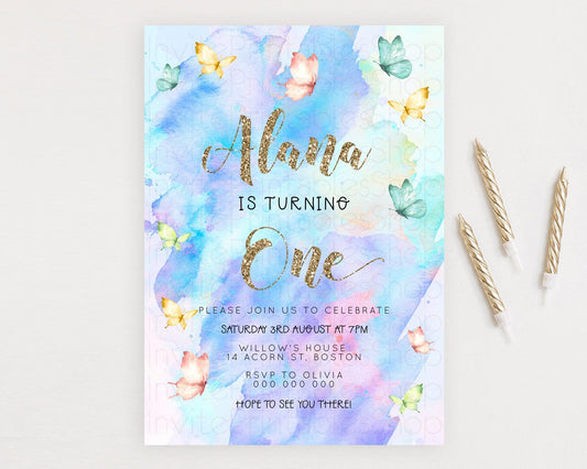 Pastel Butterfly Birthday Invitation Butterfly Birthday Invitation Colorful Splash Glitter Butterfly Garden 1st 2nd Birthday D23245