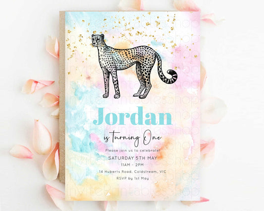 Cheetah Birthday Invitation Cheetah Invitation Cheetah Birthday Pastel Watercolor Cheetah Invitation Rainbow Cheetah Invitation D10289