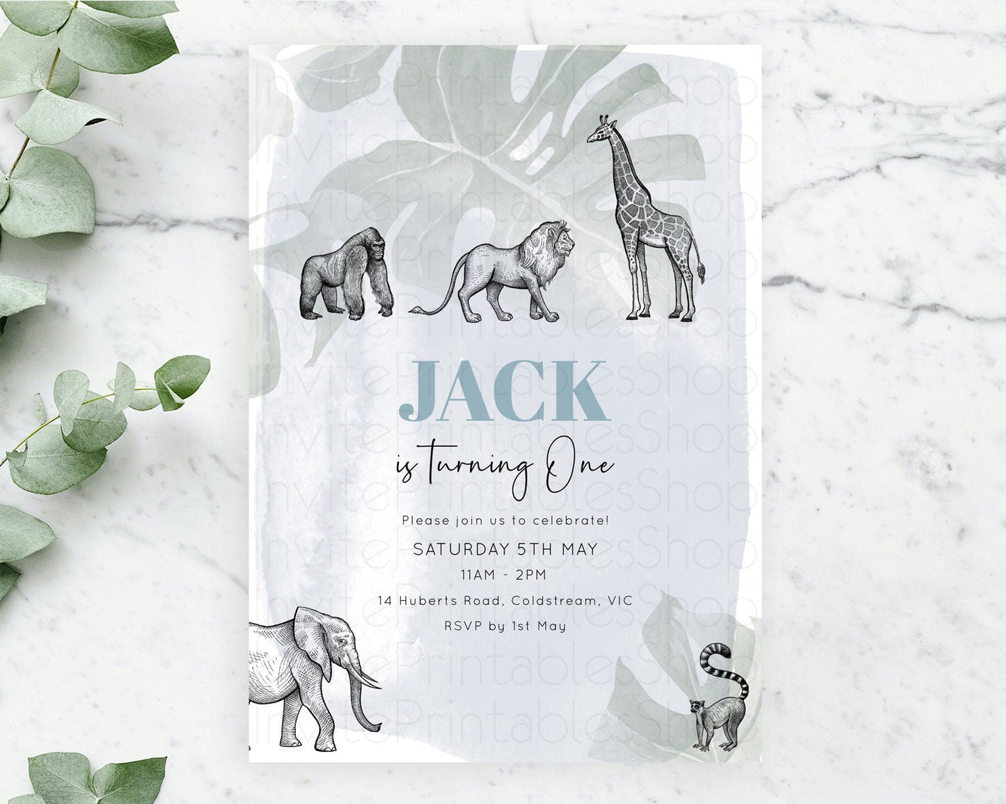 Safari Birthday Invitation Lion Gorilla Elephant Rhino Tropical Palm Jungle Safari Adventure Zoo Party Animal 2nd 1st First Birthday D10821