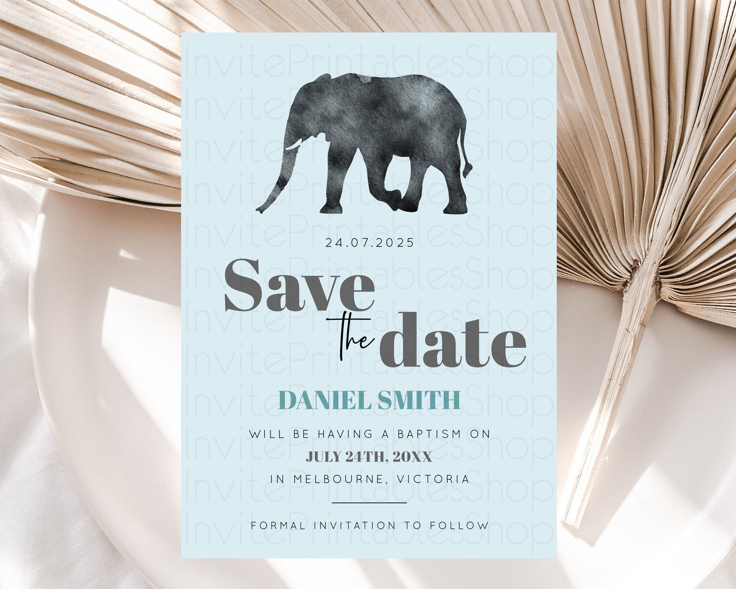 Elephant Save The Date Template Elephant Safari Adventure Party Dried Palm Fern Zoo 1st Birthday Baptism Baby Shower Bridal Shower D10802