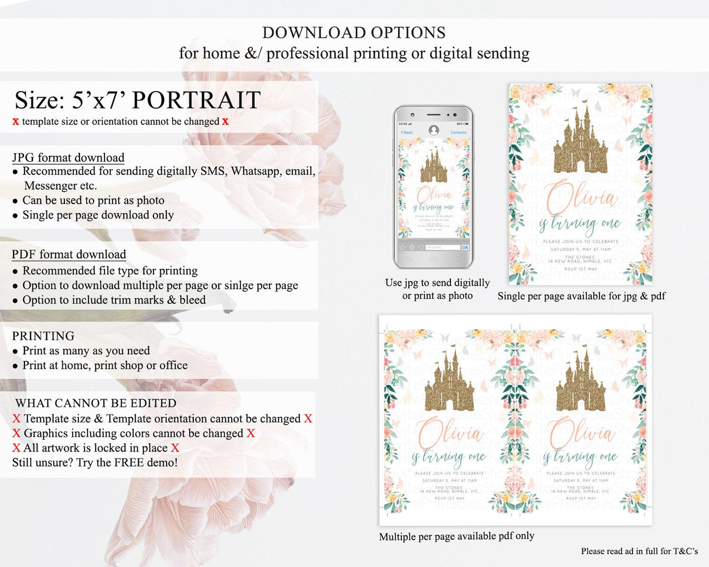 Princess Birthday Invitation Castle Invitation Royal Birthday Fairy Tale Enchanted Castle Pastel Floral Garden 1st First Birthday D10925