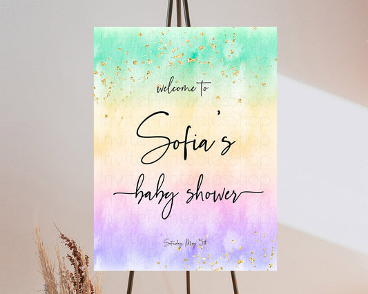 Pastel Baby Shower Welcome Sign Pastel Rainbow Welcome Sign Colorful Rainbow Confetti Watercolor Glitter Décor Pastel  Welcome Sign D10485