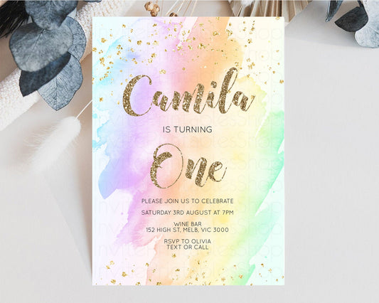 Rainbow Birthday Invitation Glitter Pastel Invitation Colorful Watercolor Gold Foil Splatter Sprinkle Ombre 1st 2nd 3rd Birthday Invite g602