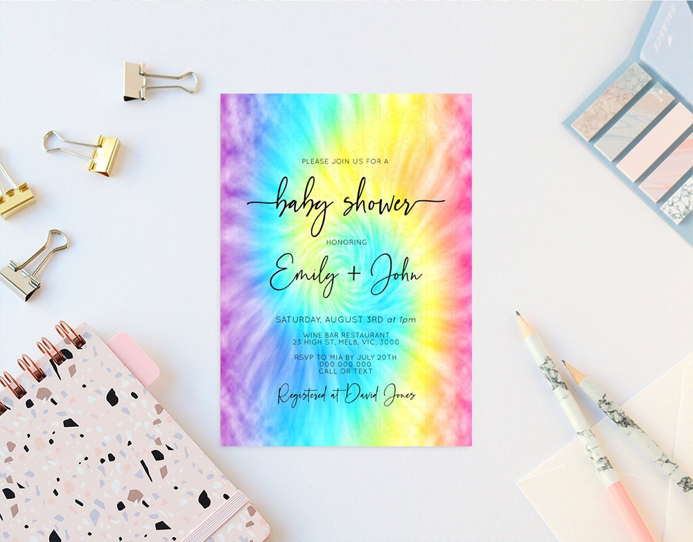 Rainbow Baby Shower Invitation Pastel Baby Shower Invite Rainbow Ombre Invite Colorful Watercolor Baby Shower Invite Tie Dye Invite D10578