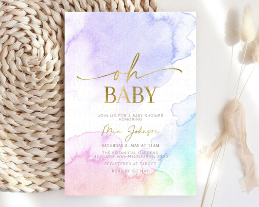 Rainbow Baby Shower Invitation Pastel Watercolor Invitation Ombre Splash Invite Glitter Confetti Sprinkles Colorful Gender Neutral 193