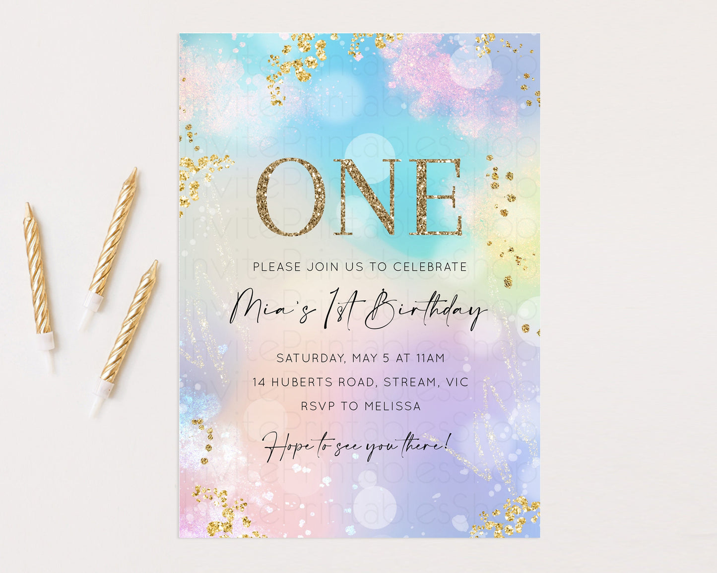 Rainbow Birthday Invitation Pastel Birthday Invite Ombre Watercolor Invite Enchanted Theme Colorful Splash Glitter Sprinkles 1st 2nd 3rd 707