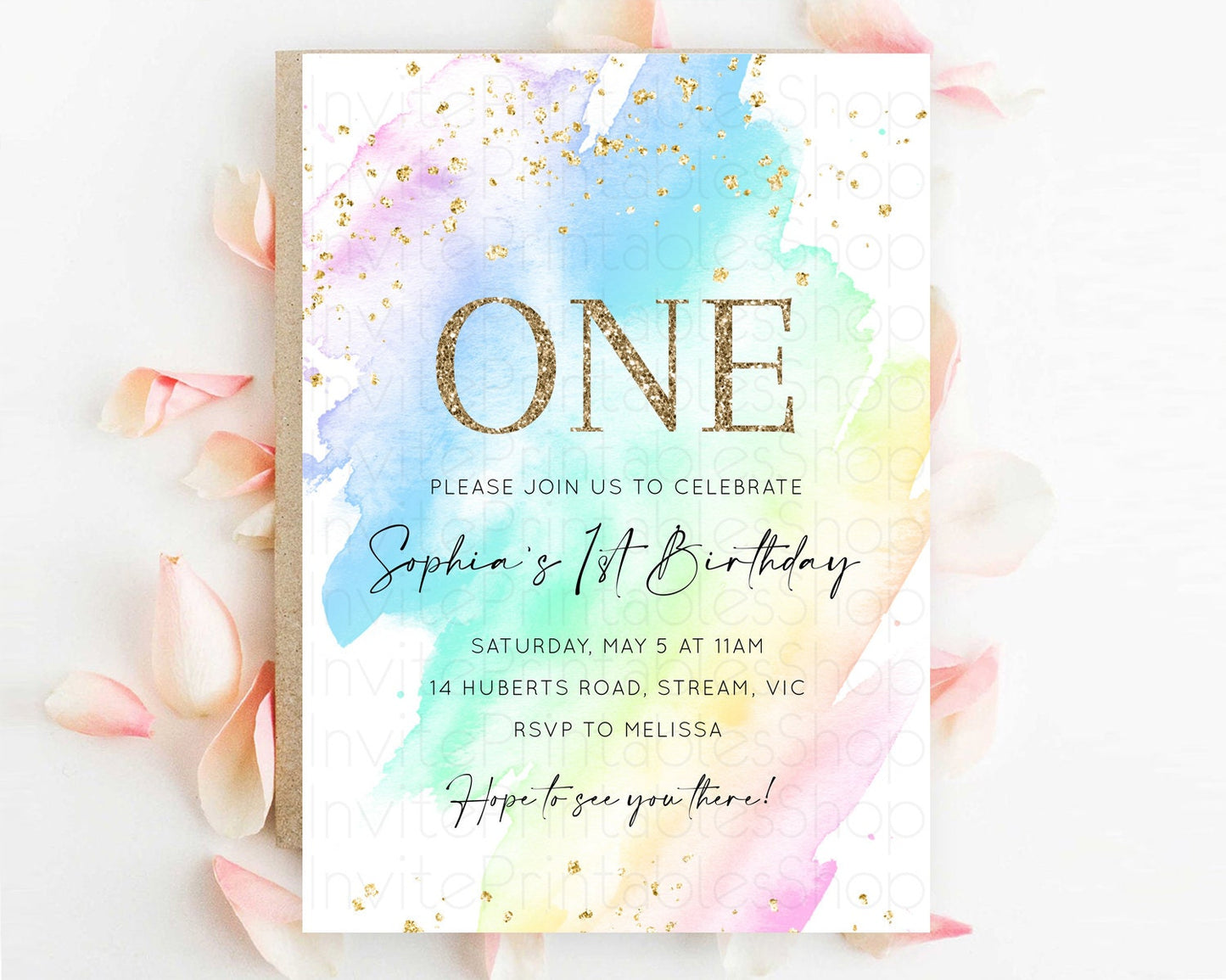 Rainbow Birthday Invitation Colorful Pastel Watercolor Invitation Gold Glitter Sprinkles Ombre Pastel 1st 2nd 3rd Birthday D10640