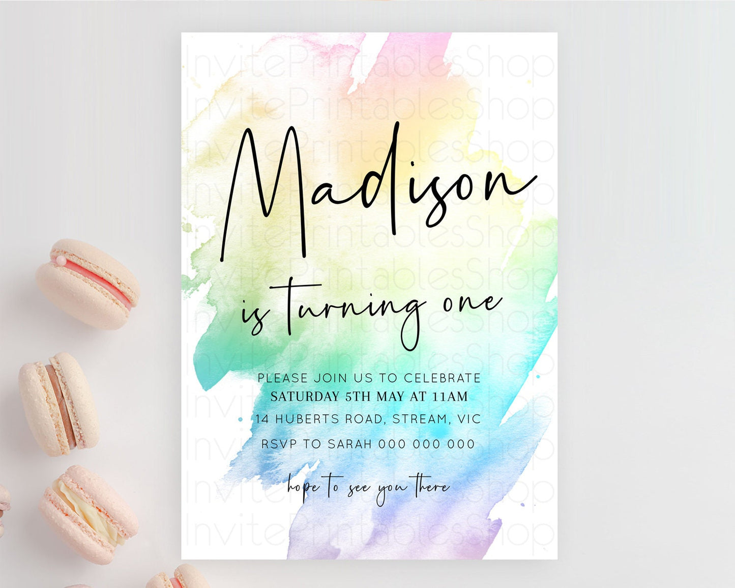 Rainbow Birthday Invitation Colorful Pastel Watercolor Invitation Gold Glitter Sprinkles Ombre Pastel 1st 2nd 3rd Birthday D10279