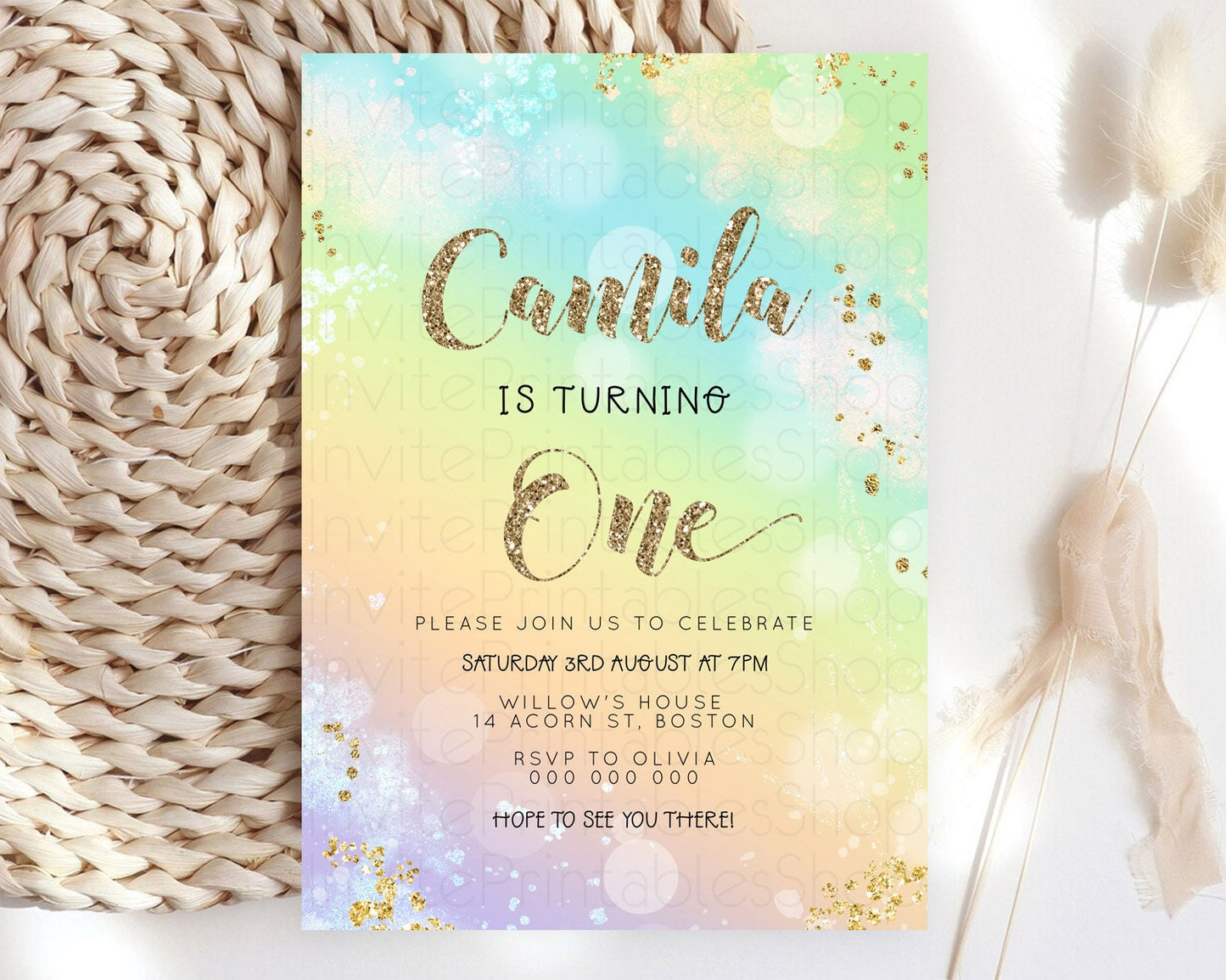 Rainbow Birthday Invitation Colorful Pastel Watercolor Invitation Gold Glitter Sprinkles Ombre Pastel 1st 2nd 3rd Birthday D23119