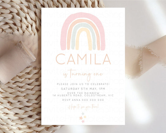 Editable Boho Rainbow Birthday Invitation Colorful Pastel Invitation Heart R