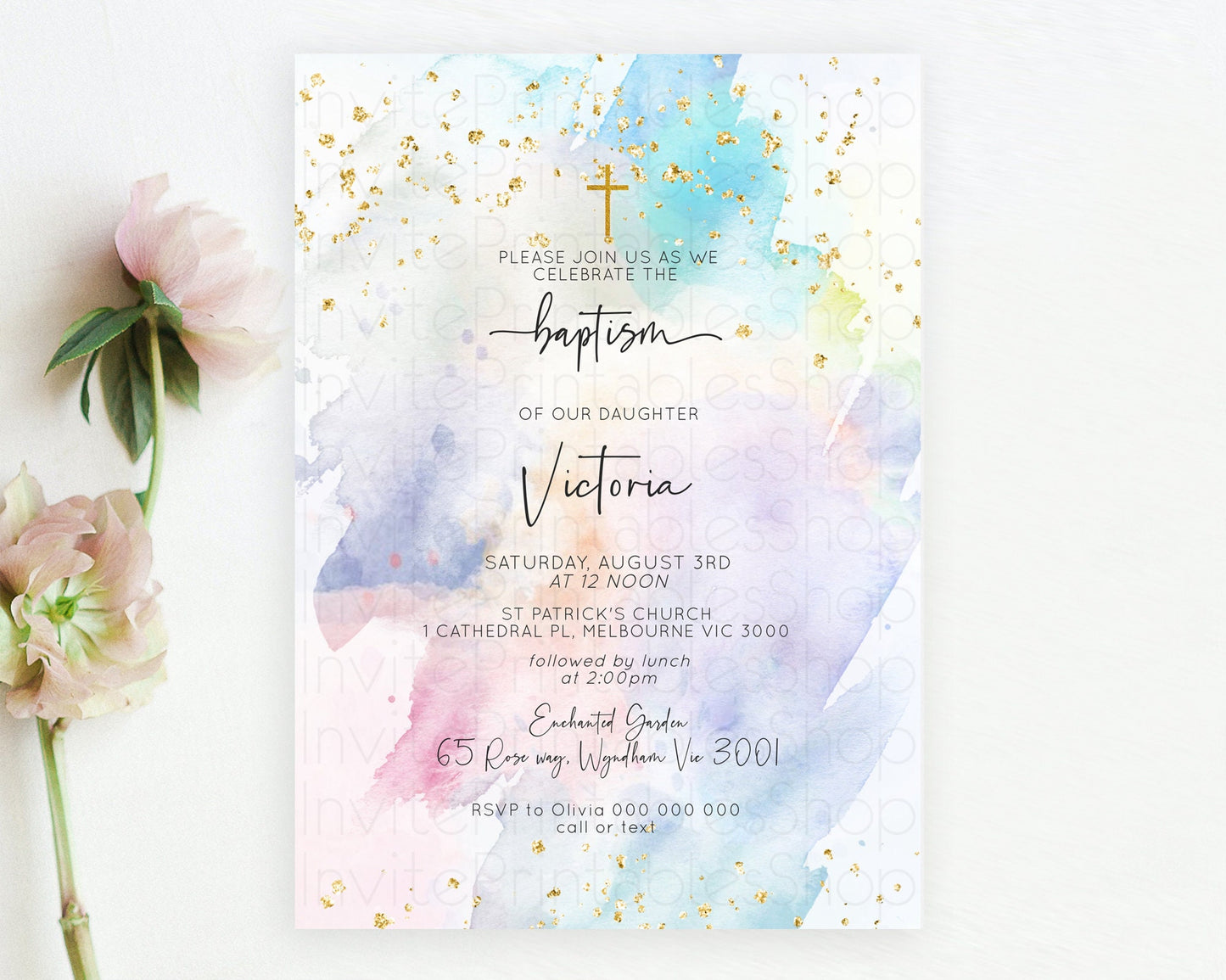 Pastel Baptism Invitation Pastel Colors Watercolor Baptism 1st Birthday Party Gold Ombre Pastel Rainbow Christening Holy Communion D10424