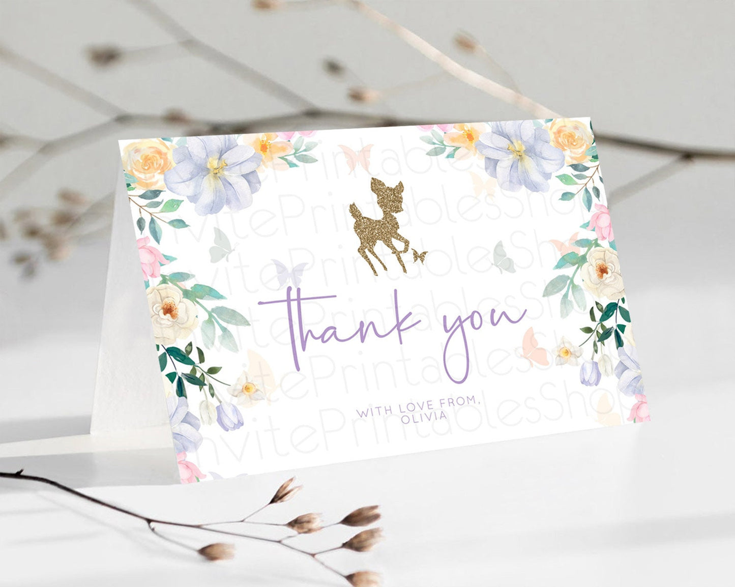 Fawn Thank You Deer Thank You Card Pastel Floral Deer Birthday Thank You Card Enchanted Forest Butterfly Deer Teacher Thank You Card D10477