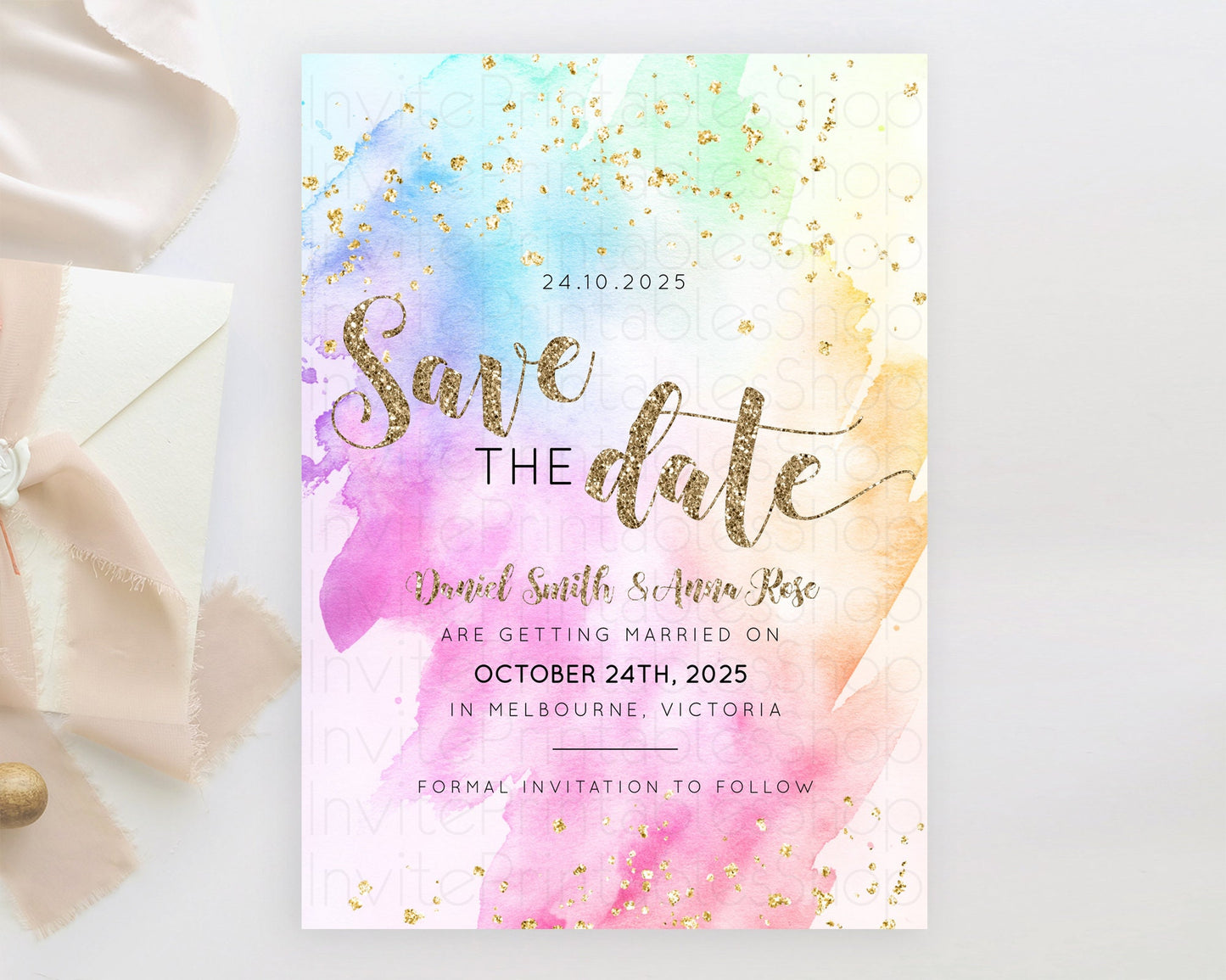 Pastel Save The Date Template Pastel Ombre Rainbow Watercolor Colorful Party For Birthday Baptism Baby Shower Wedding Bridal Shower D10450