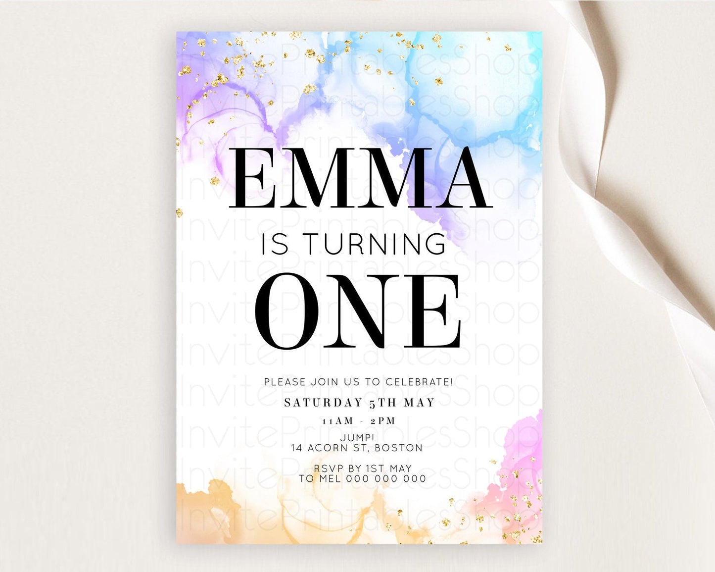 Rainbow Birthday Invitation Colorful Pastel Watercolor Invitation Gold Glitter Sprinkles Ombre Pastel 1st 2nd 3rd Birthday D11018