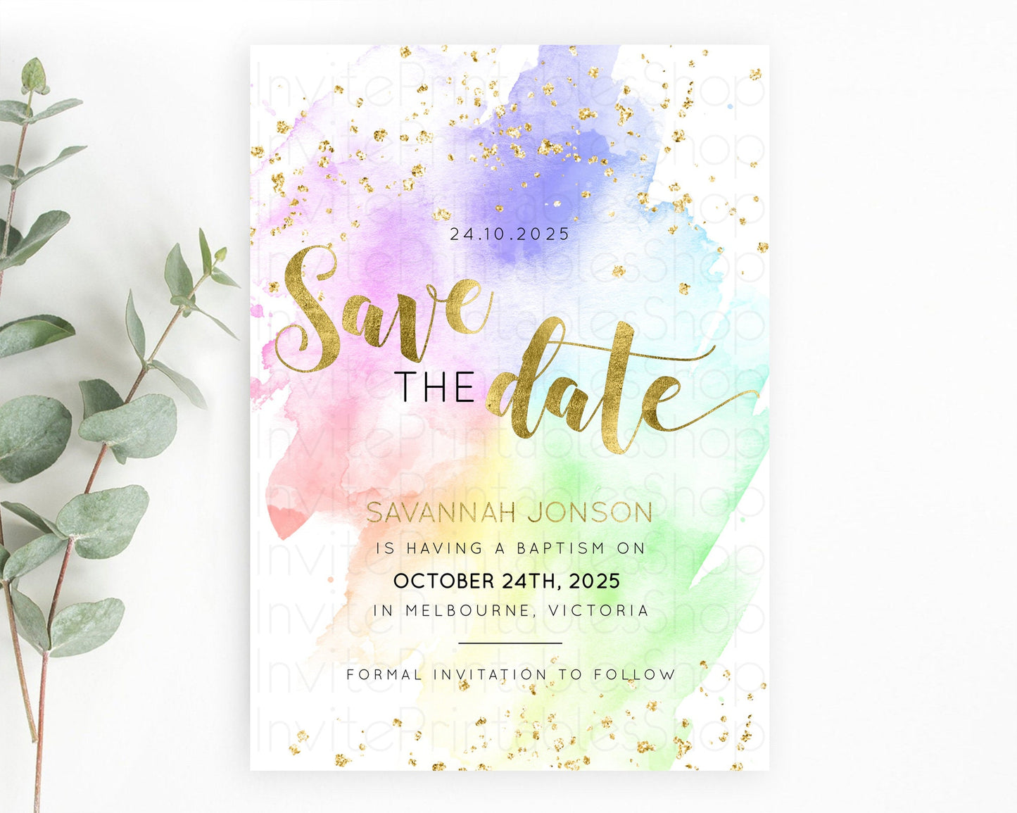 Pastel Save The Date Template Pastel Ombre Rainbow Watercolor Colorful Party For Birthday Baptism Baby Shower Wedding Bridal Shower D10876