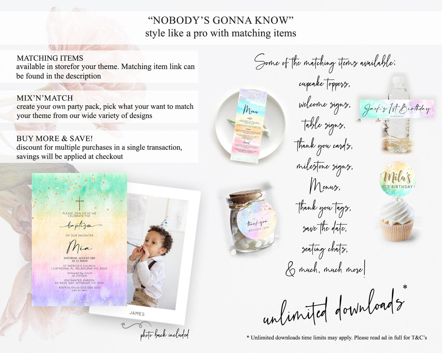 Pastel Baptism Invitation Pastel Colors Watercolor Baptism 1st Birthday Party Gold Ombre Pastel Rainbow Christening Holy Communion D10481